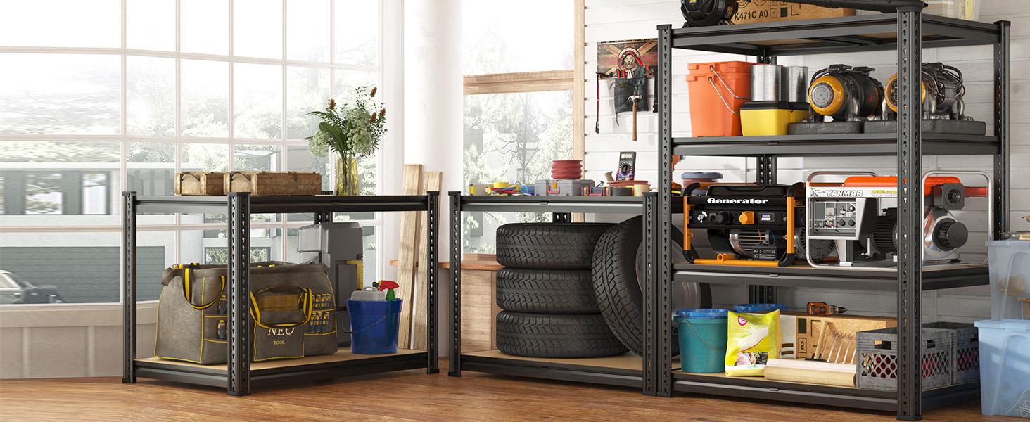 Raybee 2-Pack 4-Tier Heavy-Duty Garage Shelving Units Metal Shelves Storage Height Adjustable Versatile Utility Rack for Warehouse Organizing Pantry Kitchen Basement Shelf Organiser 35.5"Wide 12" Deep 60" High Twin Size 71" Wide