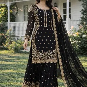 Premium Quality Black Georgette Salwar Kameez Suit Set with Zari & Sequins Embroidery for Special Occasions Size 38-44 Womenswear Dress