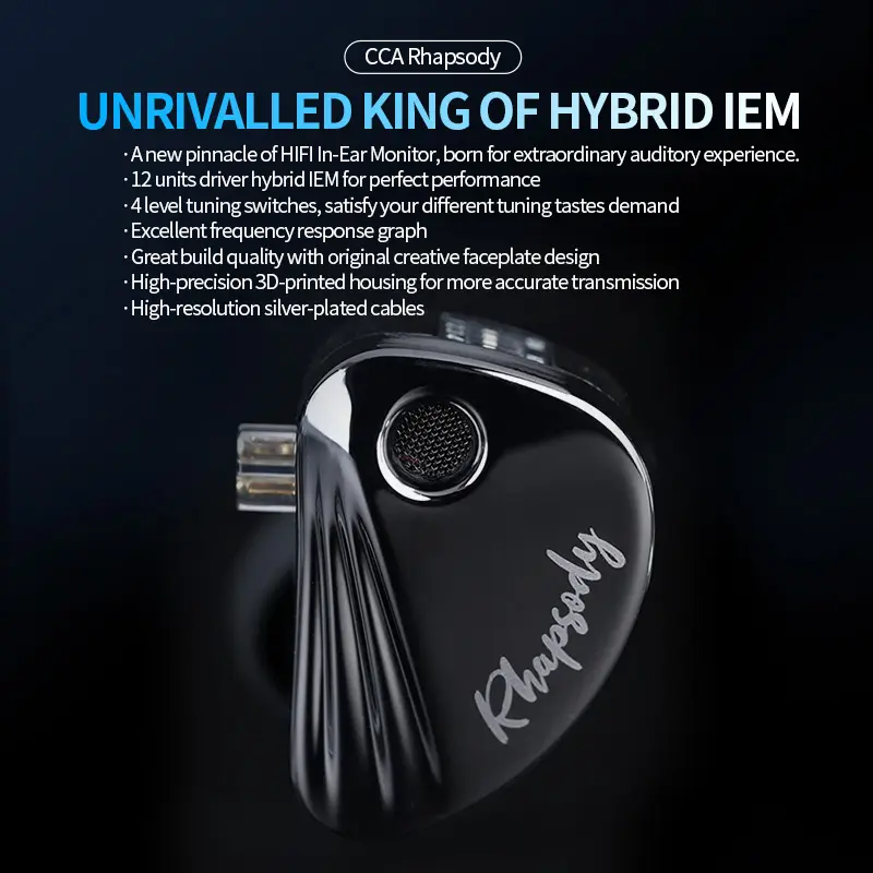 CCA Rhapsody in Ear Monitors Headphones, 2DD+4BA Hybrid Driver HiFi IEMs Earphones with 4 Tuning Switches HiFi Bass Noise Isolation Wired Earbuds in-Ears for Singer Musician Audio Engineer Audiophile