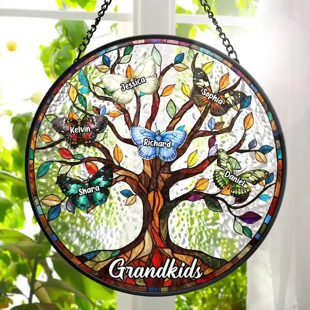 [Made in US] Butterfly Grandkids Tree - Personalized Stained Glass Window Hanging Suncatcher