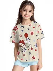 Star Clown Digital Printing Summer Fashion Girls' Clothing, 100% Polyester Designed for Energetic Children, Cute Girls' Short-Sleeve T-Shirts, Summer Casual Children's Clothing, Outdoor Sports T-Shirts