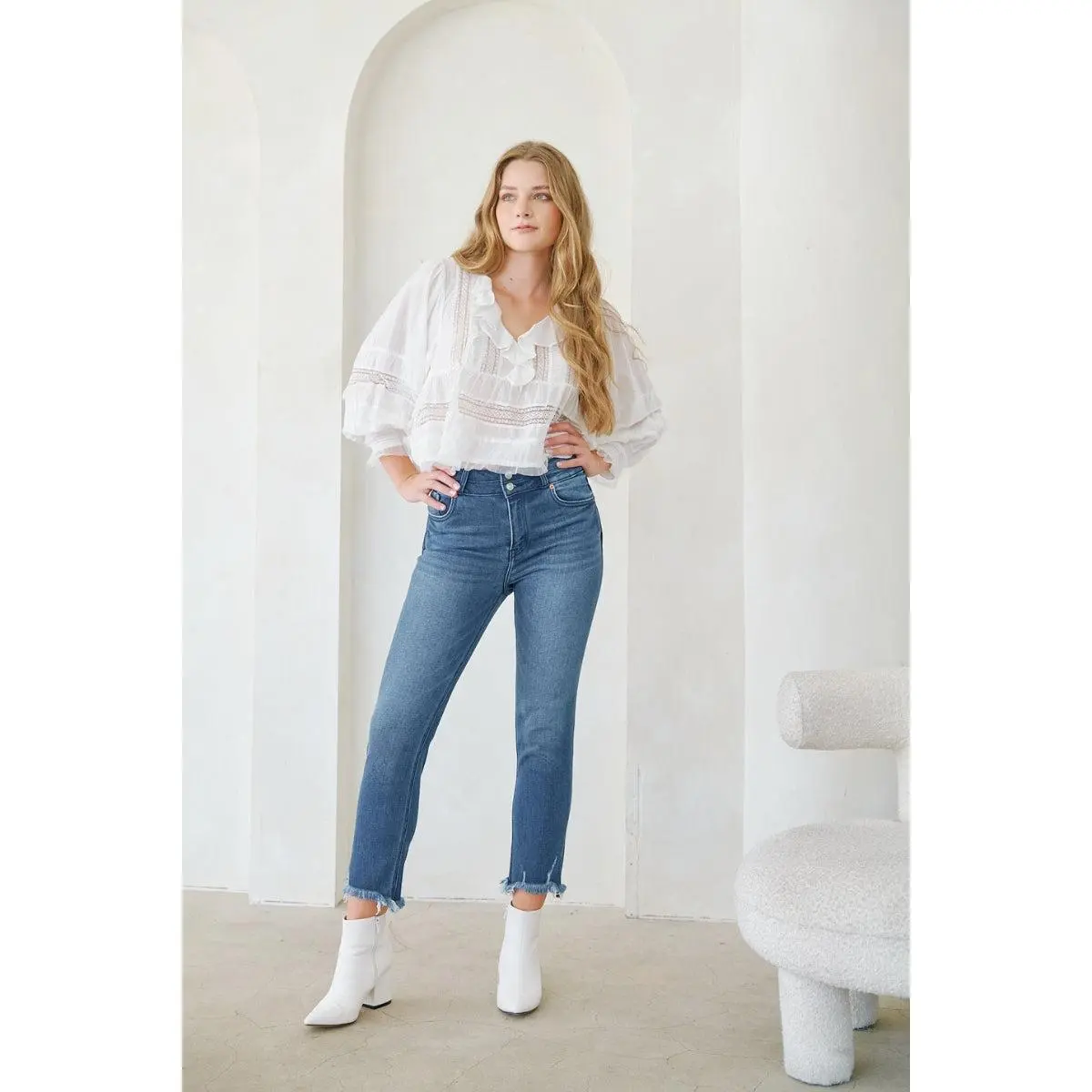 Refined Heights Corset Double Waistband Straight Frayed Hem Jeans
