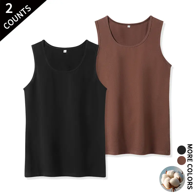 Men's Sleeveless Plain Slim-Fit U-Neck Cotton Layering Vest 2-Pack, Breathable Menswear Running Vest for Hiking, Running, Outdoors, Street