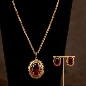 Middle Ages vintage wine red necklace and stud earrings set, European distressed twisted chain earrings necklace set