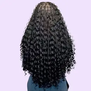 Boho Braided Wigs for Black Women 36 Inch Full Lace Knotless Bohemian Synthetic Braid Wig with Baby Hair for Party Easy Care