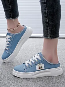 New Thick Sole Half Sandal Mules, Denim Canvas Breathable Casual Shoes, Summer Outdoor Closed-Toe Half Sandals, Fashionable Comfortable Footwear, Half Sandal Style