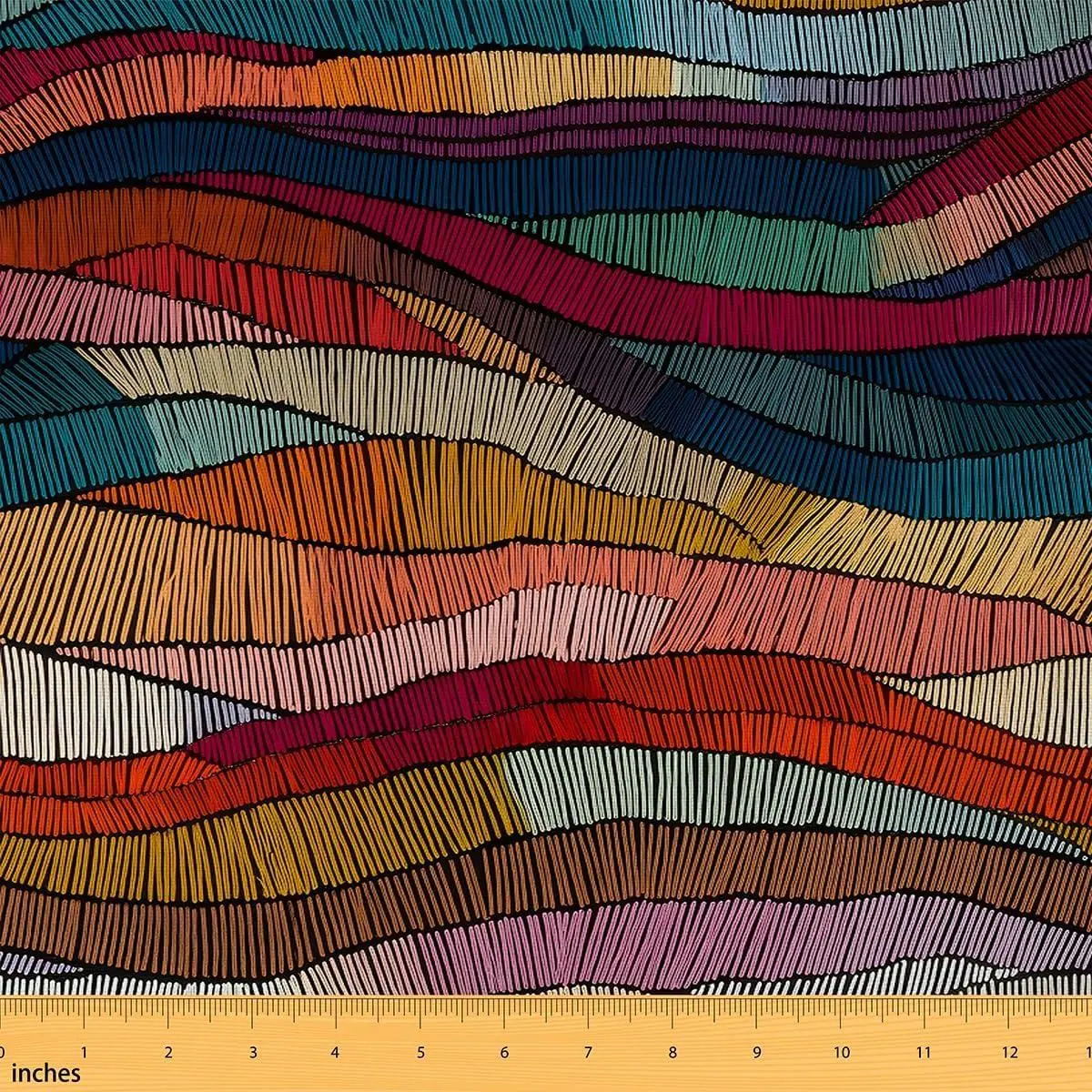 Boho Fabric Bohemian Wavy Upholstery Fabric Sewing Crafting Rainbow Embroidered Waves Print Indoor Decor Home DIY Projects Geometric Tribal Ethnic Soft Flannel