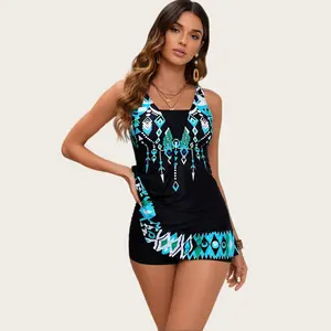 Tribal Geometric Print Tankini Swimsuit, V-Neck A-Line Swim Dress, Tummy Control Two-Piece Bathing Suit for Women beach pool swimwear Summer New Arrival Swimwear trendy bathing suit  holiday style stylish swimwear skirt style