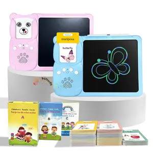 KidGenius 3-in-1 LCD Writing Tablet with Quick Eraser Button & 510 Vocabulary Flash Cards for English & Spanish Learning - Durable Portable Rechargeable Screen for Toddler Learning - Animal