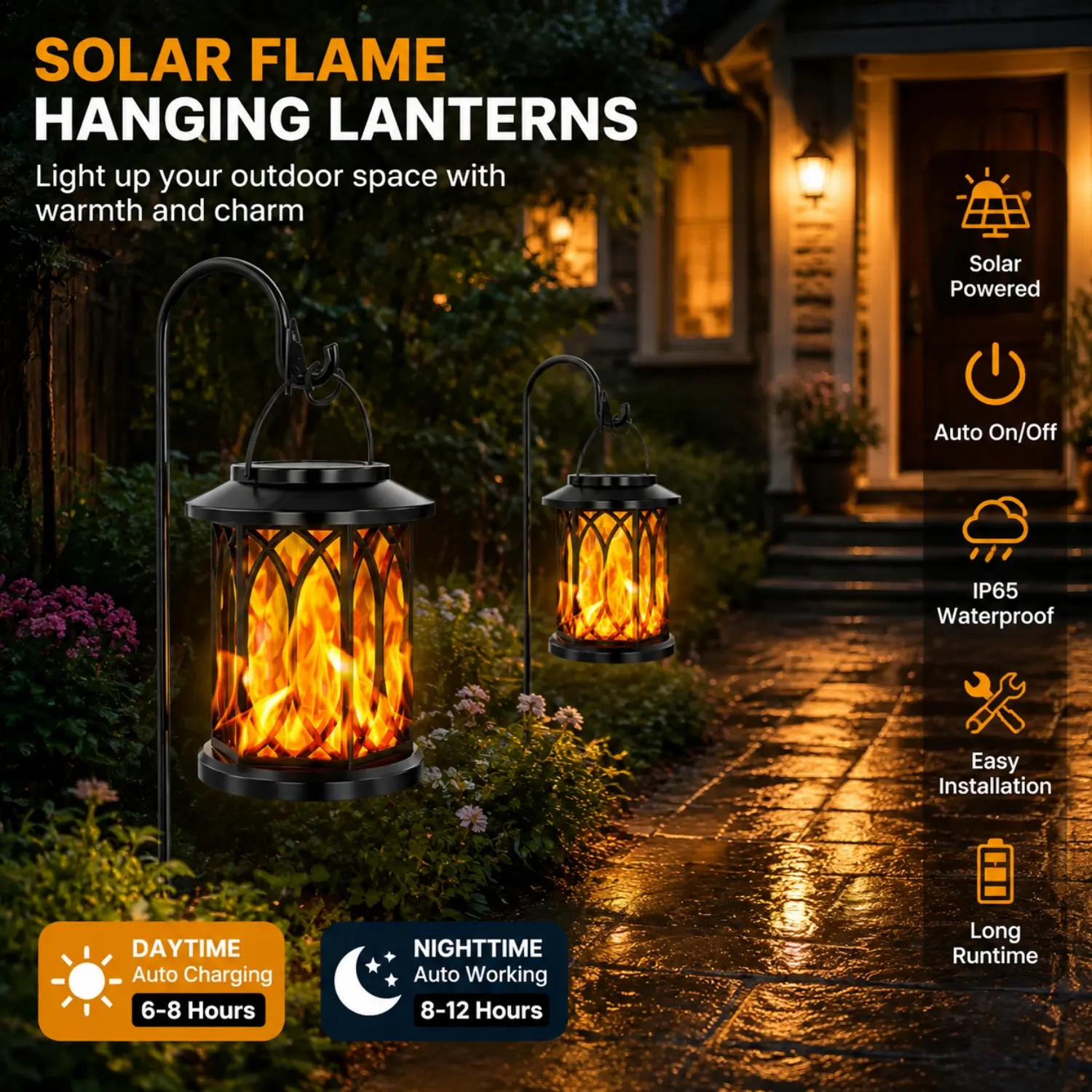 2pcs,Solar powered outdoor light, flashing flame lighting effect, hanging solar powered outdoor pendant light IP65 waterproof, hanging lantern decoration, courtyard garden decoration light,Halloween Christmas Decoration Lights