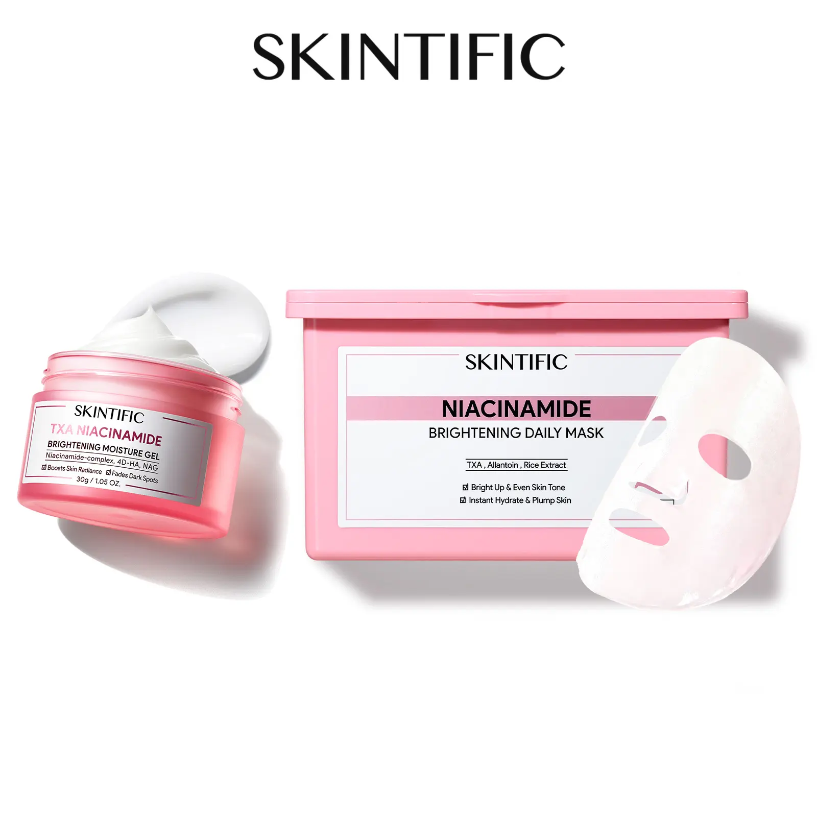 SKINTIFIC Daily Glow Reset Combo | Niacinamide Mask + TXA Gel-Cream | Helps Fade Dark Spots Over Time, Glass Skin Finish | Brightening Skincare Routine for Dull Skin