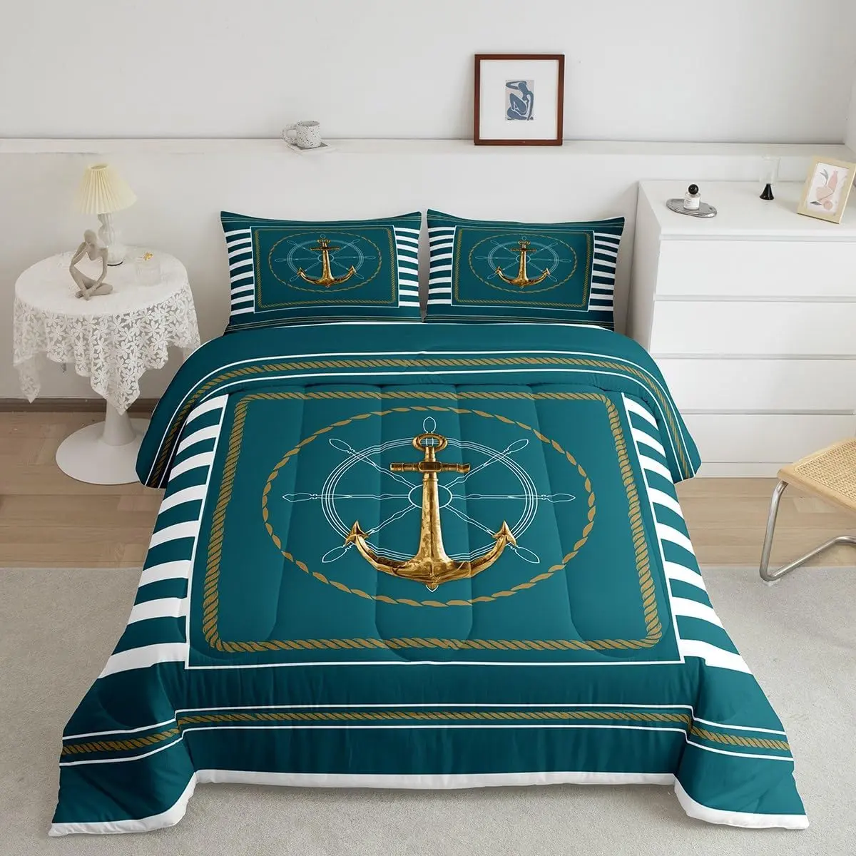 Anchor Decor Comforter Set Nautical Themed Bedding Set Ocean Comforter Sea Adventure Duvet Set Teal Quilt Set