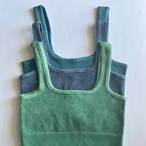 Acid Washed Ribbed Square Neck Cropped Top