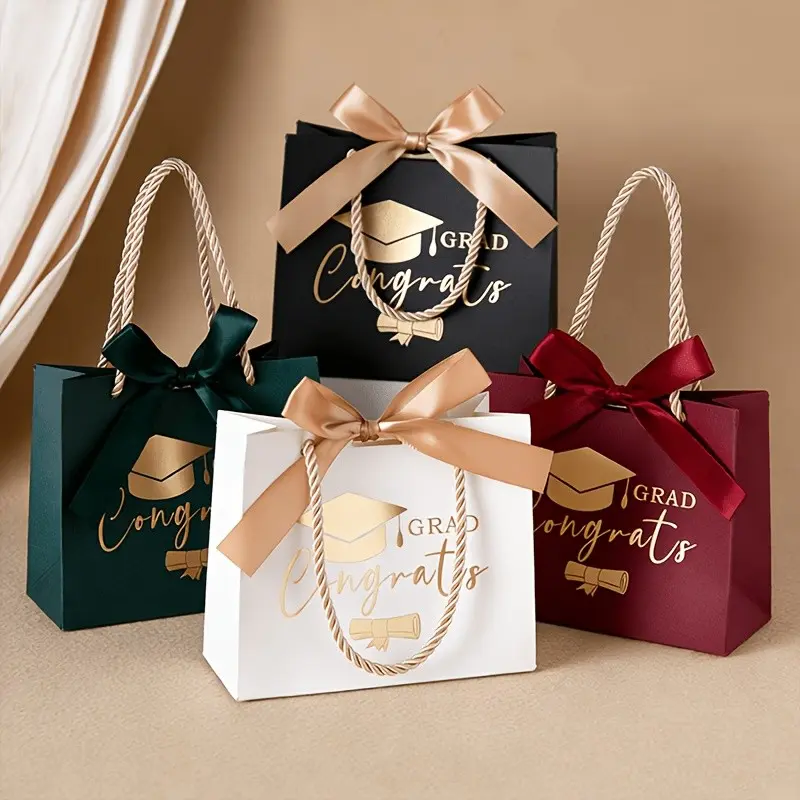 Graduation Gift Bags, Print, Elegant Mini Pouches, Grad Congrats Ribbon, Perfect for Desserts, Chocolate, Pie, Multiple Colors