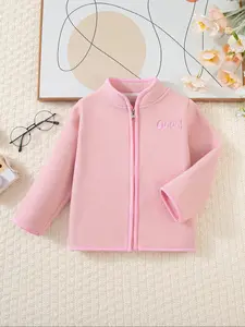 Kids Fleece Sweatshirt, Polar Fleece Embroidered Letter Design, Stand Collar Zipper Colorblock Trim Soft Warm Fabric for Boys & Girls