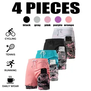 4PCS Women’s Summer Camouflage Print Shorts, 5-inch length, double-layer synthetic material, breathable quick-dry polyester spandex base layer, side mesh pockets