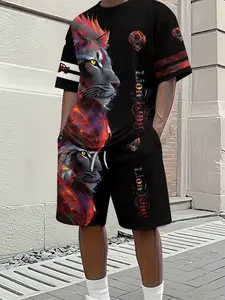 Flame Lion Trendy Sports Printed Men's 3D Digital Printed Two-piece Set, 2Pcs, Fashion Trendy Suit, Trendy Retro Casual Two-piece Outfit, Vacation-style Trendy Wear, Breathable Sports Casual Style, an Ideal Holiday Gift for Men