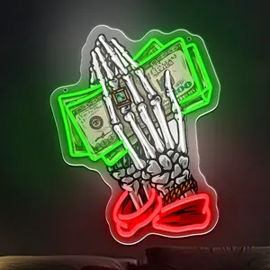 Money Dollar Skeleton Hands Dimmable Neon Sign for Wall Decor Unique Quirky Art for Indoor Home Commercial Use Gifts High Visibility Eye Catching Design