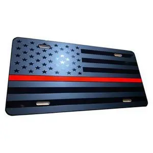 Firefighter Thin Red Line Tactical US American Flag Matte Black on Black Heavy Duty Aluminum License Plate
