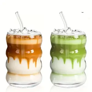 High Borosilicate Glass Coffee Cup with Straw, Ripple Vintage Drinking Cup, Transparent Aesthetic Glassware, Perfect Gift for Tea, Juice, Milk