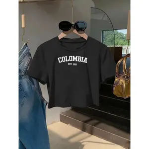 Womens White Cropped Cotton Tee Vintage College Letter Graphic Short Sleeve Crew Neck Summer Streetwear Top For Casual Outfits Travel And Everyday Wear