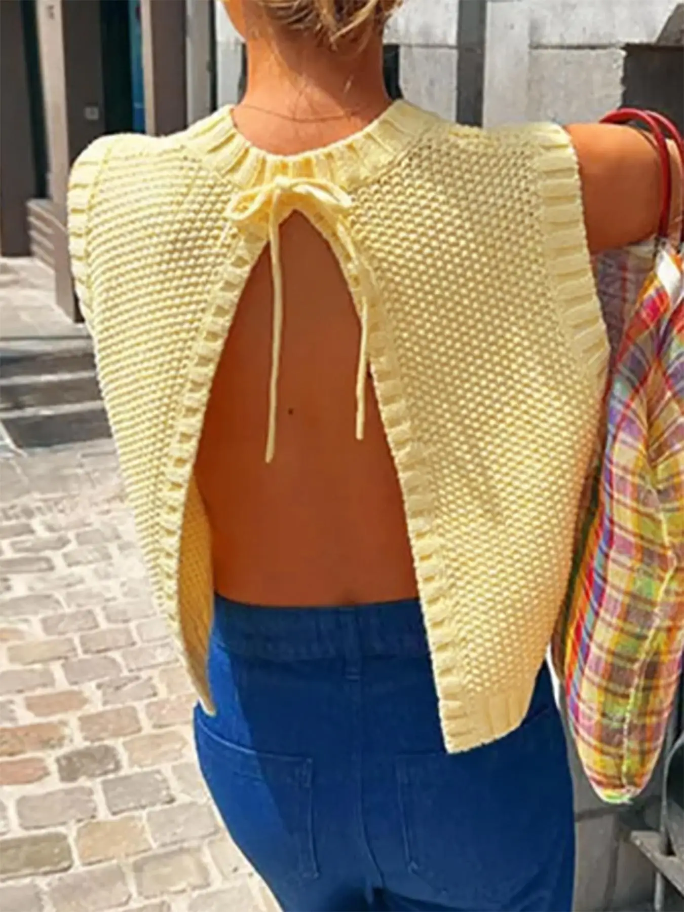 Women's Solid Split Tie Back Sweater Vest, Casual Round Neck Sleeveless Knit Top for Spring & Fall, Fashion Women's Knitwear for Daily Wear