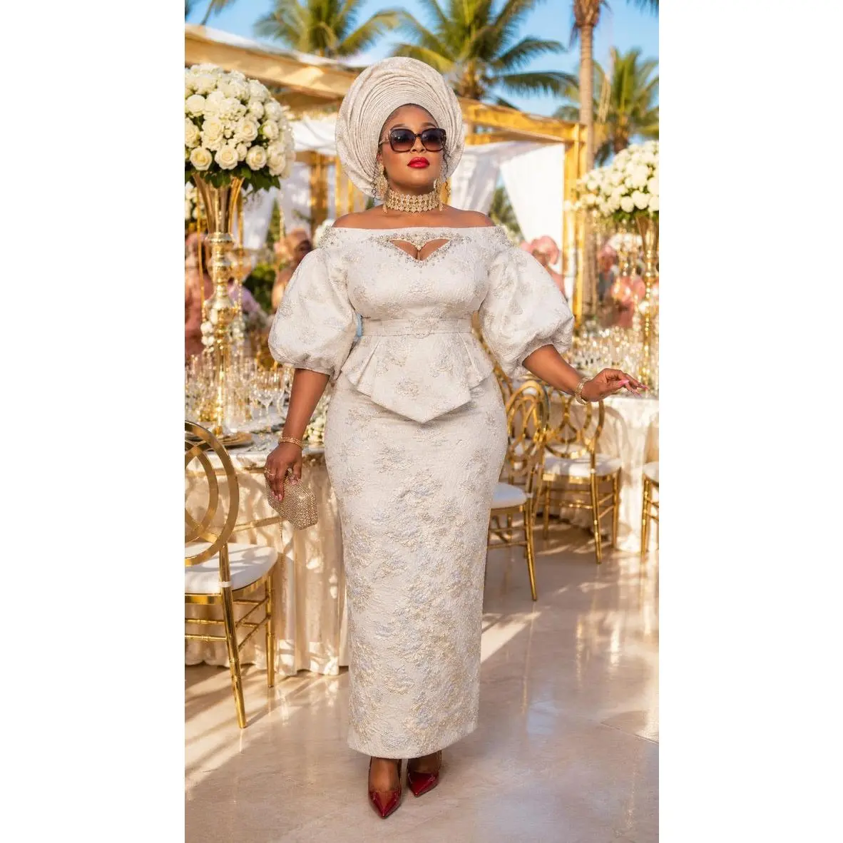White Brocade Off-The-Shoulder Rhinestone Peplum Top & Skirt Set  - Wedding Guest Birthday Celebrant Cocktail Reception Mother of The Bride Outfit