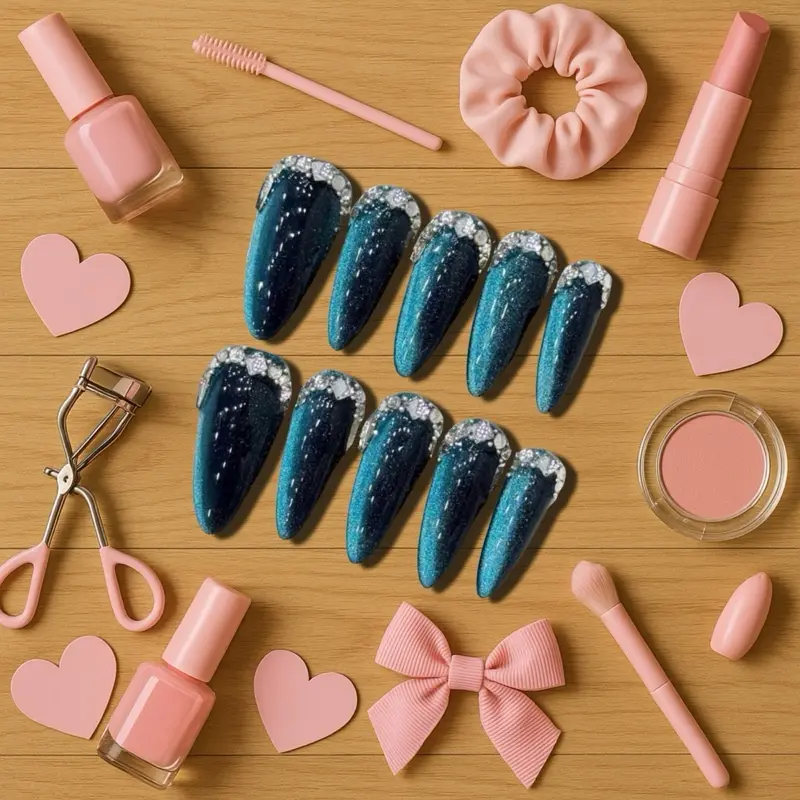 Lala’s Luxury Nailz Press on Nails with Floral Design Cateye Effect for Elegant Look Custom Crafted Handmade Set with Glue Tabs Mini File Lightweight Reusable Comfortable Natural Fit