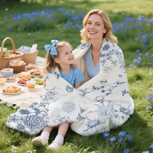 Blue White Fall Summer Floral Throw Blanket, Chinoiserie Flower Gifts for Women Kids Girls, Soft Flannel Hummingbird Blanket for Nautical French Country Coastal Victorian Decor, 50 x 60In,1 count, Print on One-side with a Plain white Back