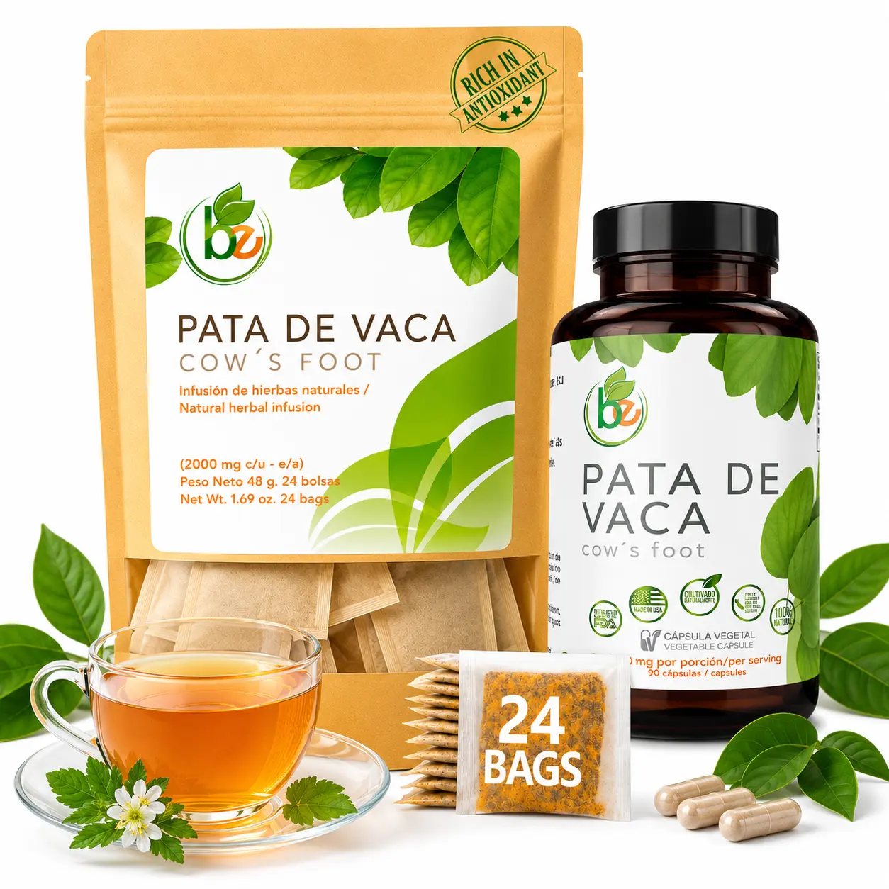 VIRAL Pata de Vaca Té (Cow's Foot Tea) – 24 Bags – 100% Natural Infusion – Vegan, Non-GMO, Gluten-Free + Pata de Vaca Capsules – 1500 mg Per Serving, 90 Veggie Caps – Organically Grown – 100% Natural, Premium Quality Herbal Supplement by Bexpertsusa