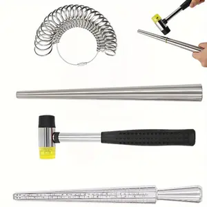4Pcs/Set Ring Sizer Mandrel Measuring Tool,Steel Ring Sizing Gauge Sizers Set,Rubber Jeweler's Mallet Hammer,Metal Finger Size Stick,Wire Wrap Rings Tools,Hand Tools Kits