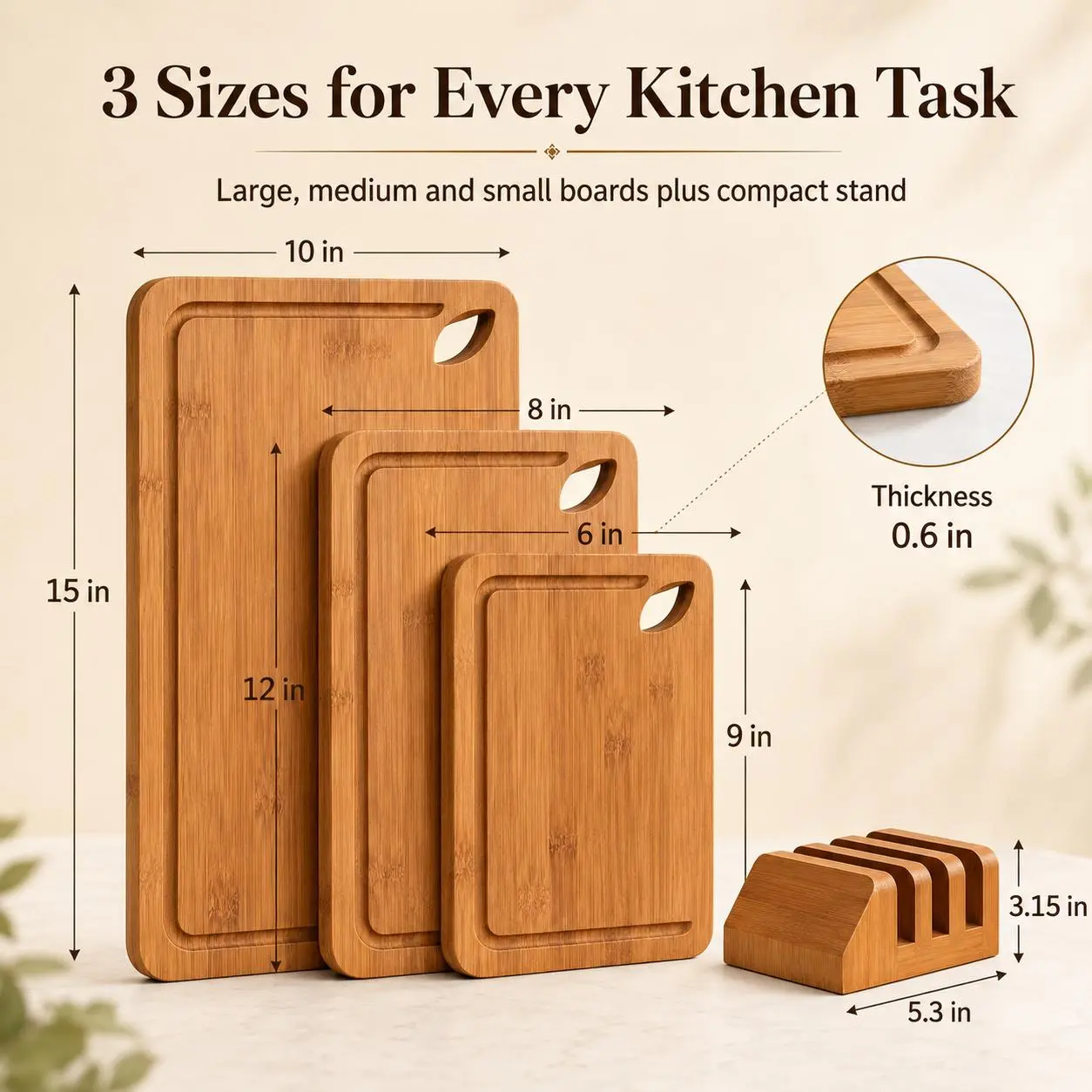 【Deal only for you】Bamboo Cutting Boards Set 3 Sizes 6in 8in 10in with Compact Stand 0.6in Thick Ideal for Every Kitchen Task