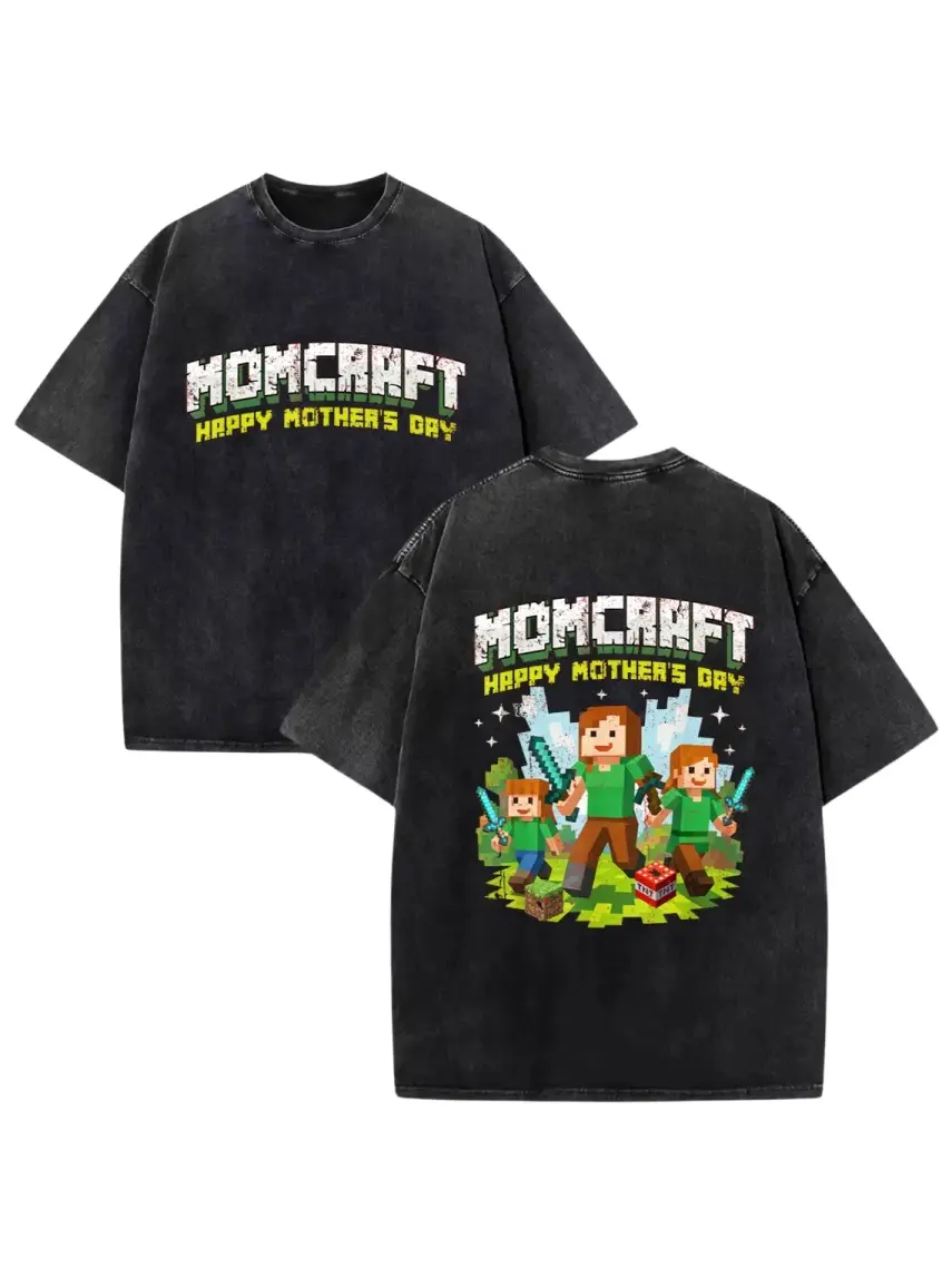 Vintage Washed Black Momcraft Pixel Game Print Tee, Breathable Soft Cotton, Sport Daily Mom Gift Outfit, Matching Couple Oversized Minecraft Graphic Street T-Shirt For Men Women
