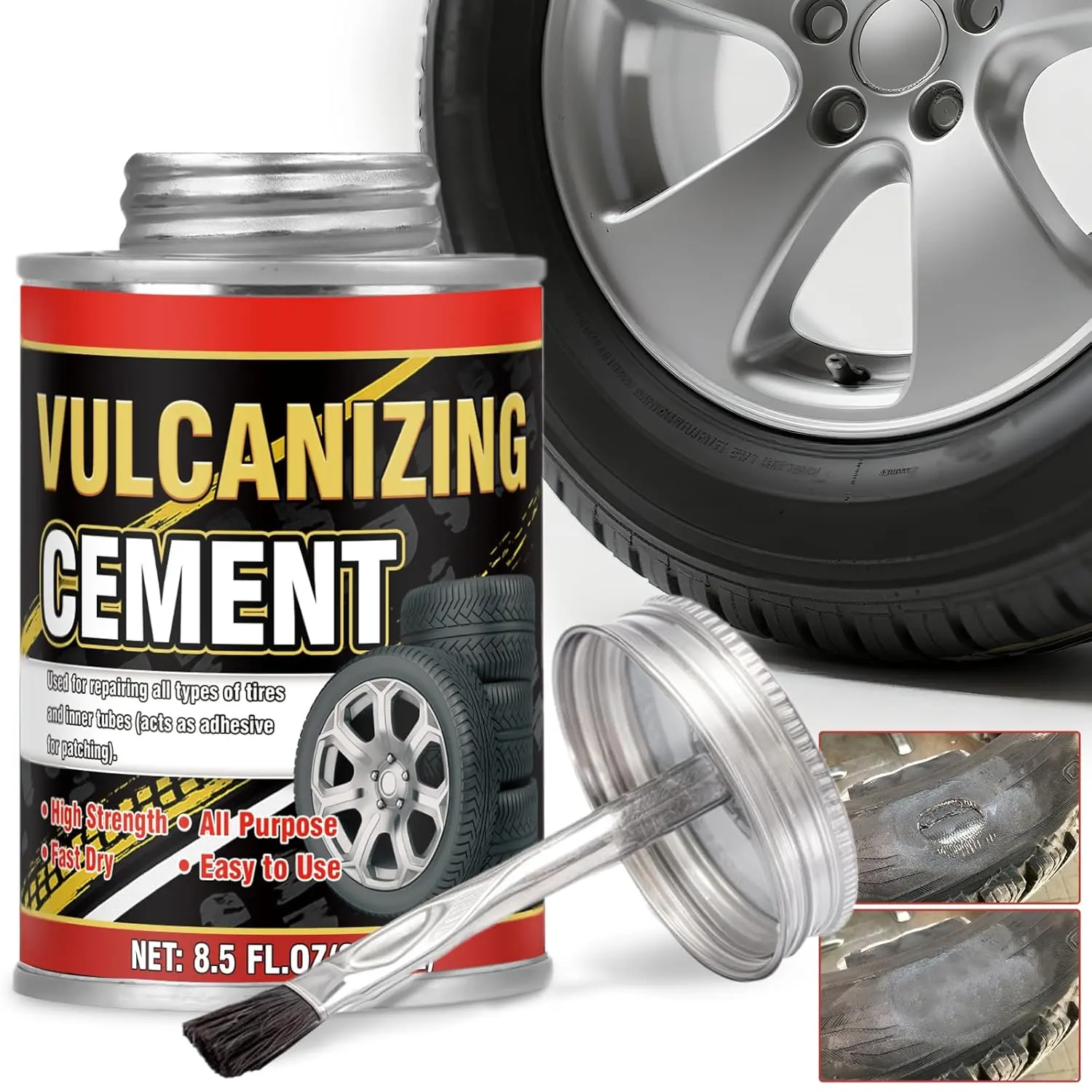 Quick & Easy All Purpose Tire Repair Glue Fast-Drying Rubber Cement Glue with Brush, Tire Glues Sidewall, Waterproof Bead Sealer for Tires for Car, Motorcycle, Bike 8.5 Oz