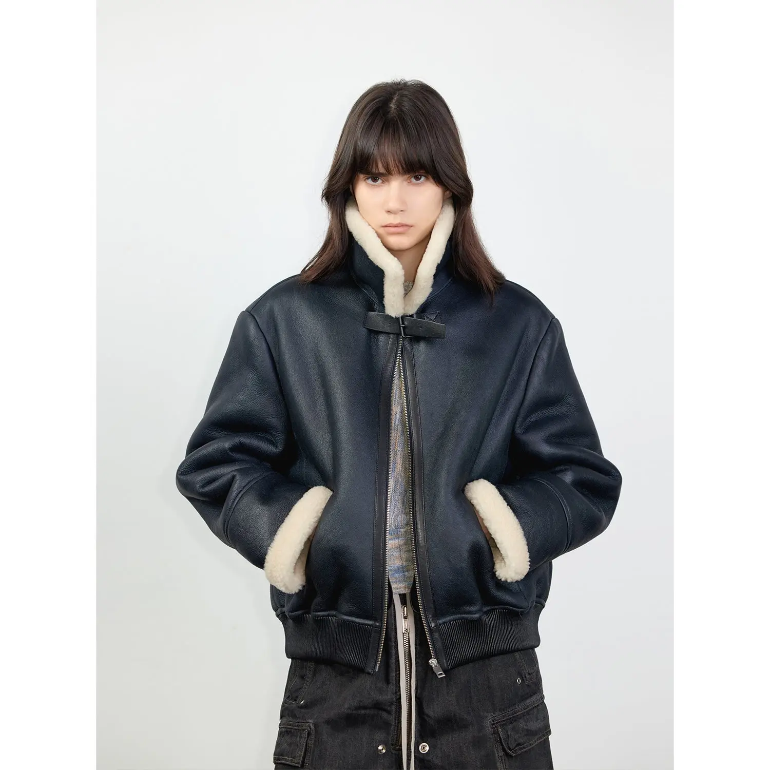 Speedy Flow Casual Motorcycle Style Merino Sheepskin Jacket with Zipper Long Sleeve Medium Length for All Seasons Women's Fleece Fur Coats Elastic Spandex Hem Vegetable-Tanned Leather Fashion