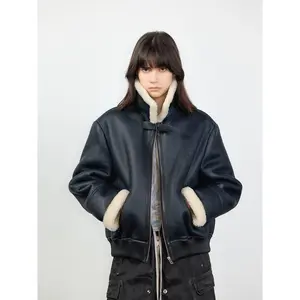 Speedy Flow Casual Motorcycle Style Merino Sheepskin Jacket with Zipper Long Sleeve Medium Length for All Seasons Women's Fleece Fur Coats Elastic Spandex Hem Vegetable-Tanned Leather Fashion
