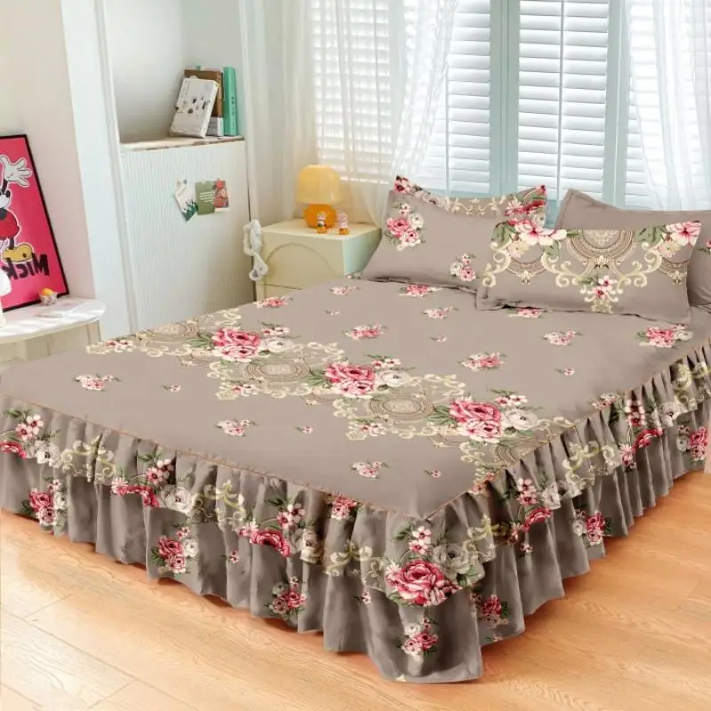 Floral Print Ruffled Edge Bed Skirt Set, Including 1 Count Bed Skirt & 1/2 Counts Pillowcase without Filler, Soft Fabric Bedroom Accessories, Bedroom