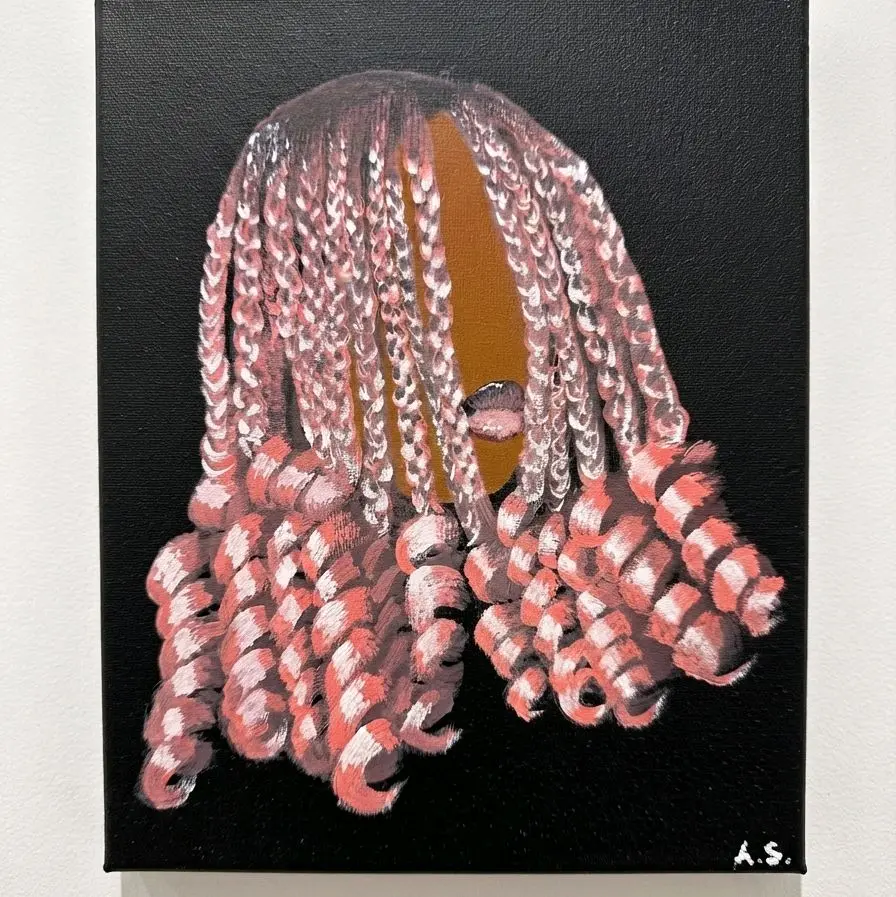 Black Hair Portrait Art | Original Braided Portrait | Hand-Painted Gouache on Canvas | Modern Art for Bedroom or Bathroom Decor
