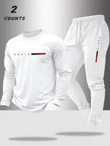 Men's Fall Winter Versatile Round Neck Long Sleeve T-Shirt Drawstring Pants Set, Letter Print, Outdoor Casual Sports Wear, Streetwear Tracksuit Set, Tracksuit Sets