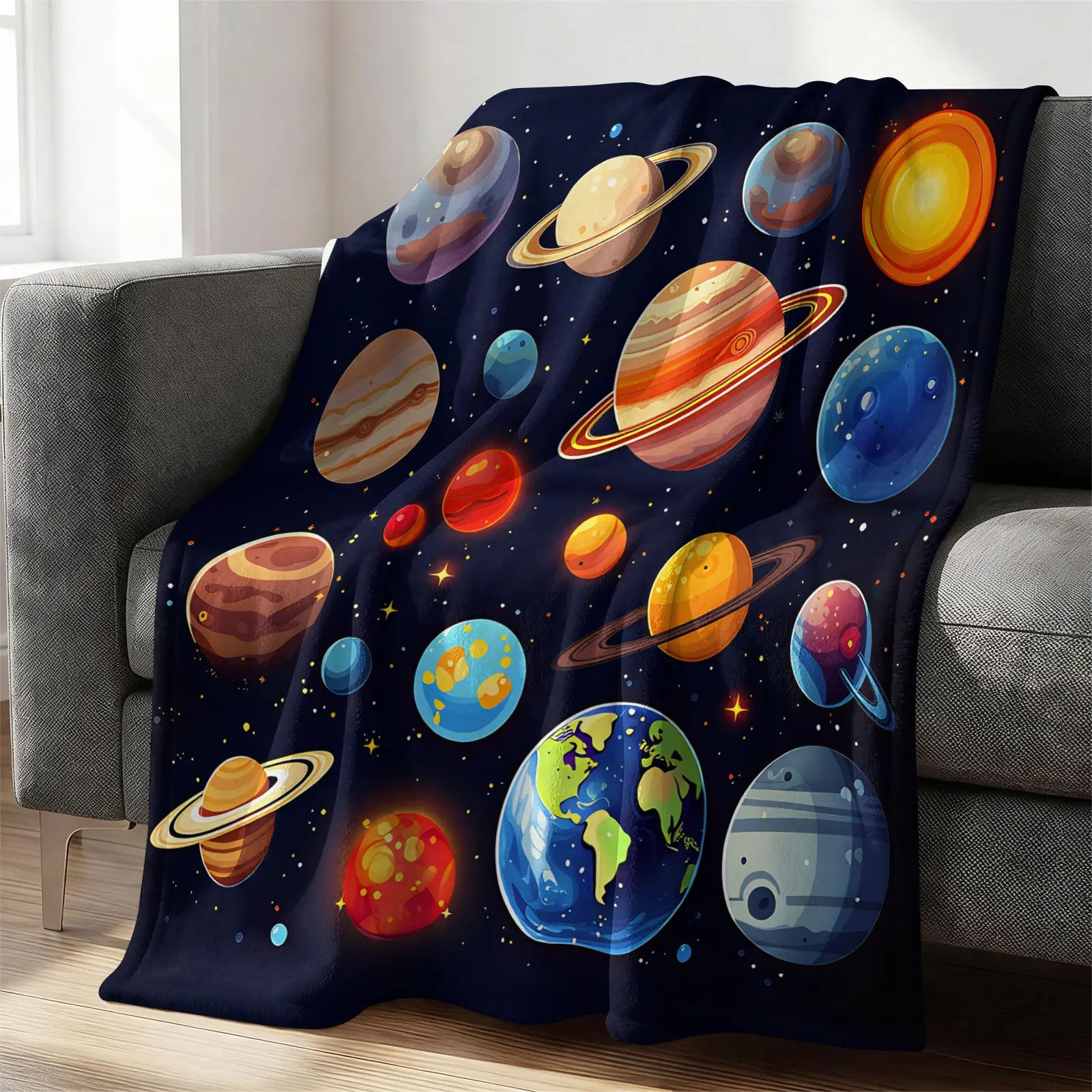 Oversized Space Planets Flannel Fleece Blanket, Plush Warm Cozy Throw, Multipurpose for Bed, Sofa, Play Mat, Travel & Nursery, Soft Durable Fabric, Perfect for Boys, Girls & Space Themed Room Decor