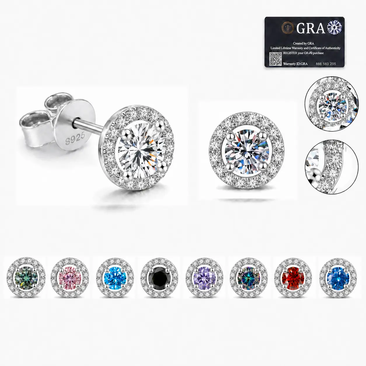 Women's S925 Sterling Silver 4-Prong Round Halo Moissanite Stud Earrings, D Color VVS Lab-Created Multicolor Gemstone Earrings for Birthday, Mother's Day Gifts