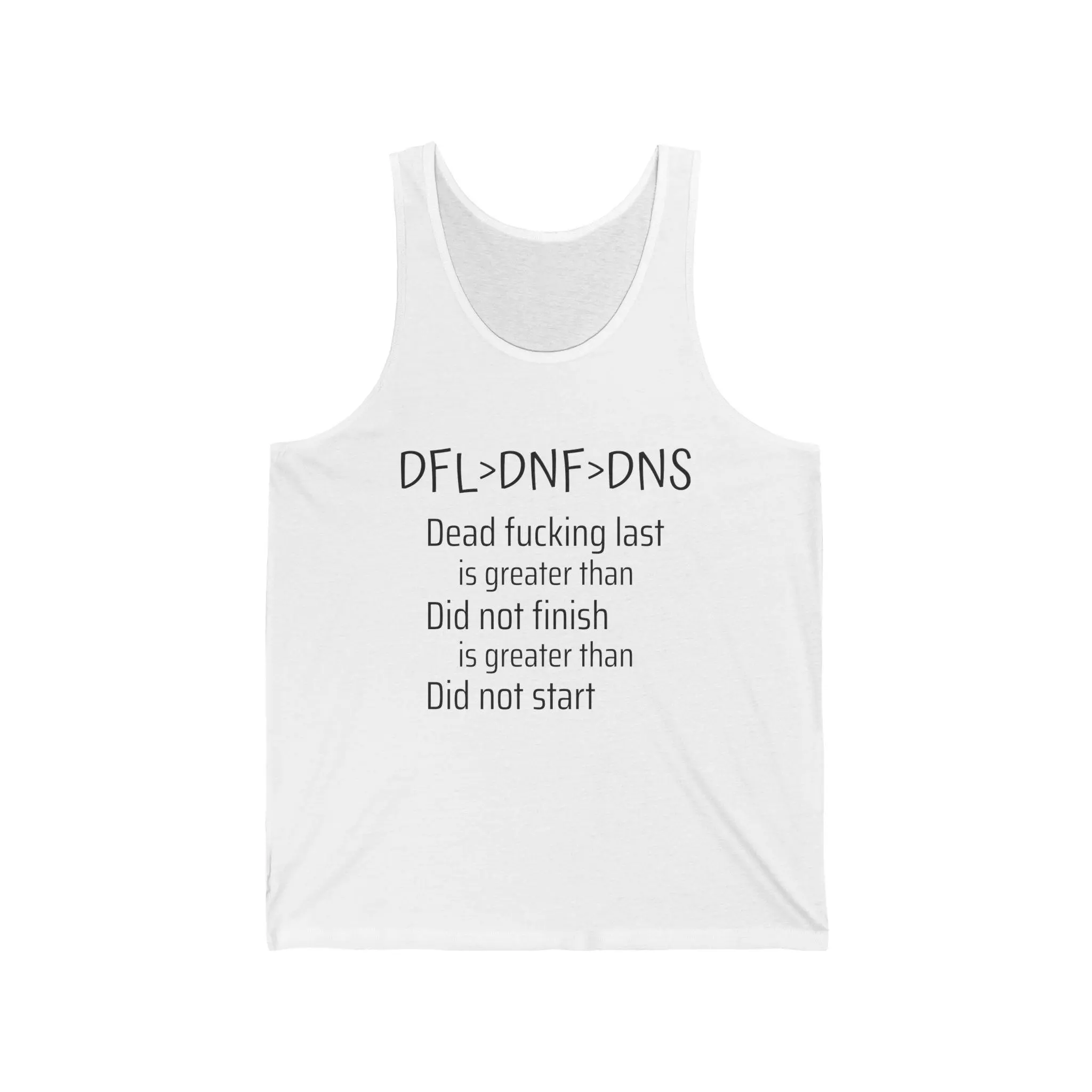 Men's DFL-DNF-DNS Racing Motto Tank Top, Airlume Cotton, Retail Fit, Side Seams, Machine Washable for Training Run Workouts