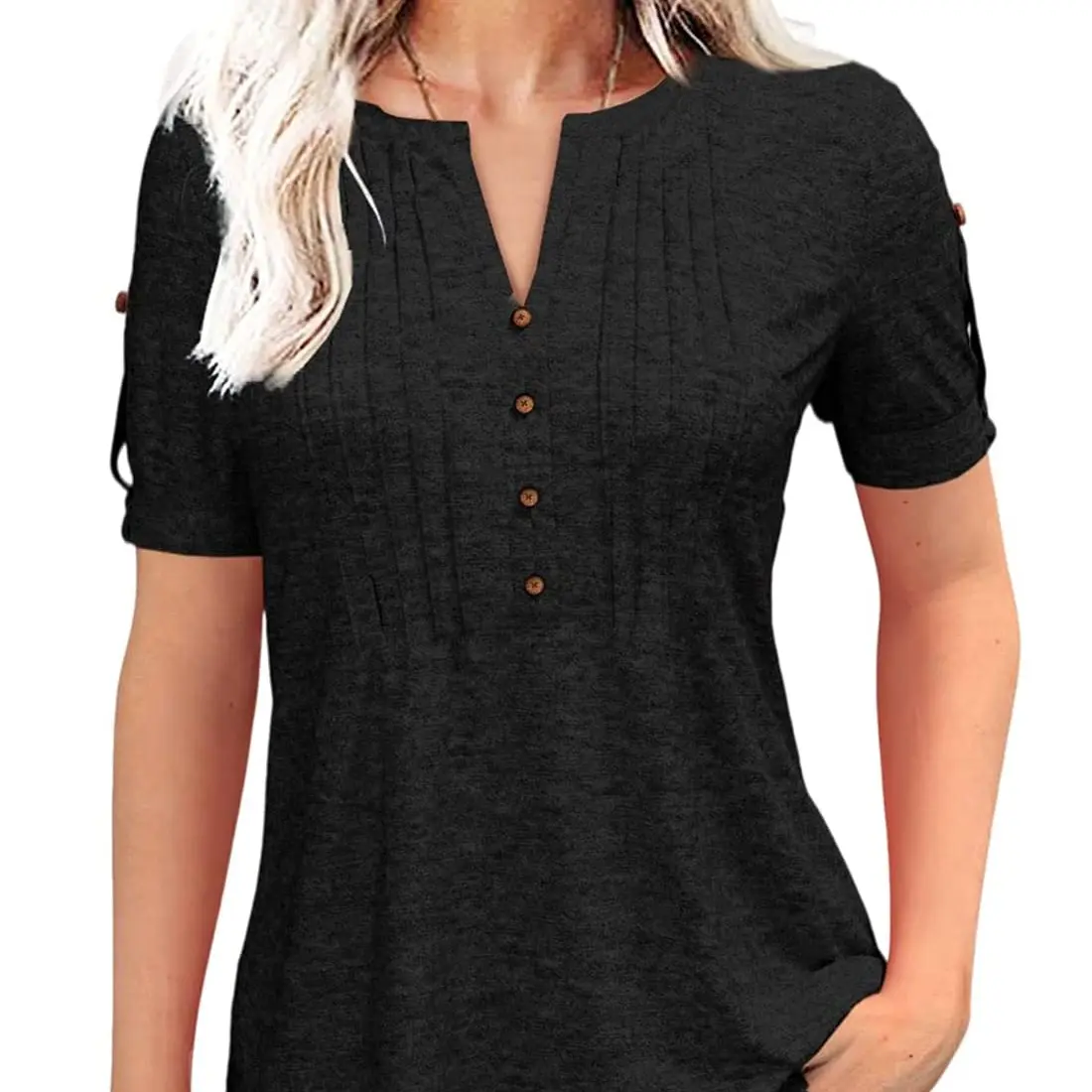 PiePieBuy Women's V-Neck Button-Down Chiffon Fabric Peplum Henley Shirt - Elegant Dressy-Casual Polyester Summer Basic Top, Matches Jeans/Shorts, Hand Wash Only, No Dry Clean (Yellow), Shirts