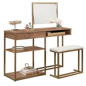 Sauder International Lux Vanity - Modern Brown Finish Storage Cabinet with Spacious Drawer & Open Shelves - Ideal for Bathroom Entryway or Kitchen - Durable Metal Frame - 5-Year Warranty
