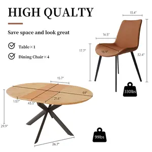 HIPIHOM Nordic Extendable Oval Wood Dining Table Set. Authentic grain, safe rounded edges & sturdy X-shaped base for max legroom. Paired with ergonomic, easy-clean retro warm brown PU leather chairs. The perfect upgrade for home renovations(B).
