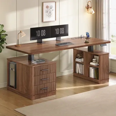 SEDETA 63 Inch Modern Fluted Electric Standing Desk Height Adjustable Computer Desk with 3 Drawers Storage Shelves Power Outlets Wood Home Office Stand up Desk