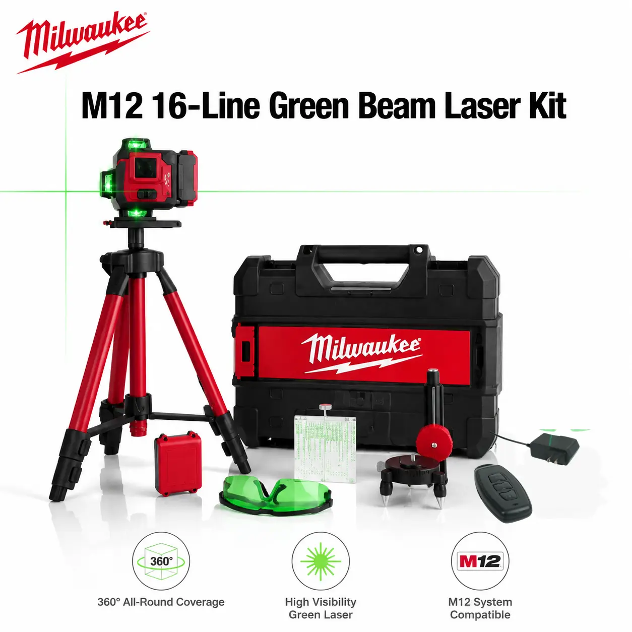 Milwaukee 16 Line 4D Green Beam Laser Level Kit with Tripod Base for Carpentry Framing Construction, Professional Alignment Tool Features an Automatic Pendulum Lock Designed for Long Range Leveling