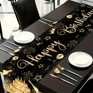 2D flat print, 1 Happy Birthday table flag, black and gold pattern design, decorative tablecloth for birthday party decoration, birthday gift, very suitable for decorating birthday parties, party shooting props decoration