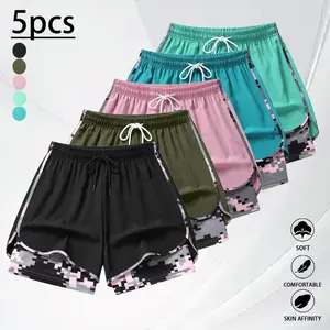 Pack of 5 women’s casual athletic shorts, solid color design, faux two-piece patchwork construction with built-in lining, elastic drawstring waistband, suitable for outdoor workouts, running, various sports, and everyday casual wear; women’s shorts
