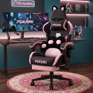 Cute Cat Ear Gaming Chair with Cat Paw Lumbar Support Ergonomic Reclining PU Leather PC Chair Adjustable Height Swivel Leisure Chair with Headrest and Footrest for Kids Girls Teens Bedroom Game Room Home Decor